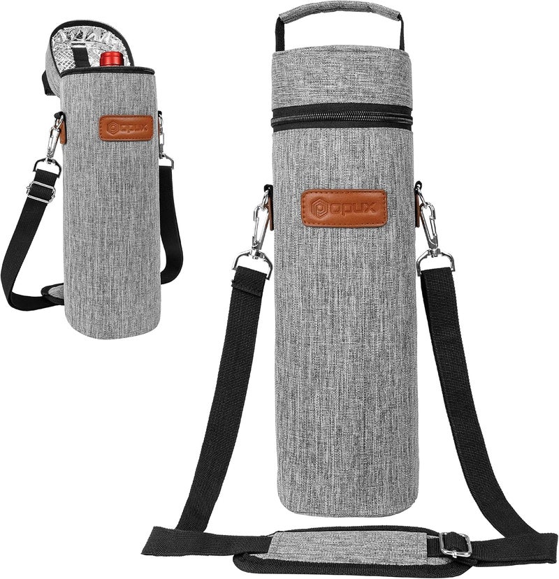 OPUX Wine Bag Single Bottle Carrier Tote, Insulated Wine Cooler Bag for Travel Picnic Beach with Shoulder Strap, Thermal One Bottle Holder Carrying Case Wine Gift for Women Men, Heather Light Gray - Image 1